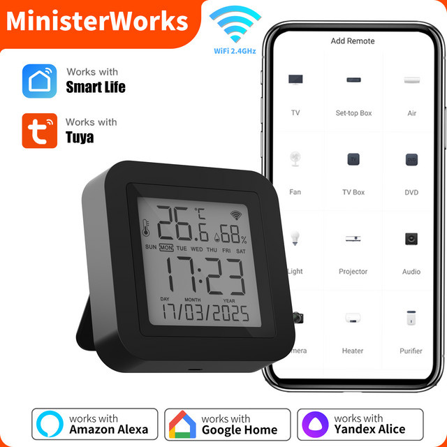 MinisterWorks S09 Smart WiFi IR-Fernbedienung mit integriertem Temperatur- und Feuchtigkeitssensor in Schwarz, kompatibel mit Google Home, Alexa, Yandex und Tuya SmartLife - Bild 1