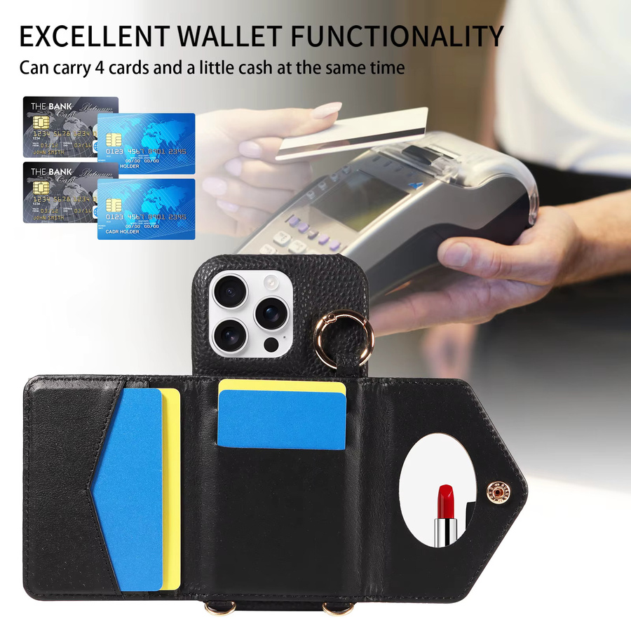 Crossbody Handyhülle aus PU-Leder für iPhone 16e 16 Pro Max 15 14 13 12 11 Pro Max Plus mit Spiegel, Anti-Drop und Anti-Entmagnetisierung, Farbe: Orange - Bild 5