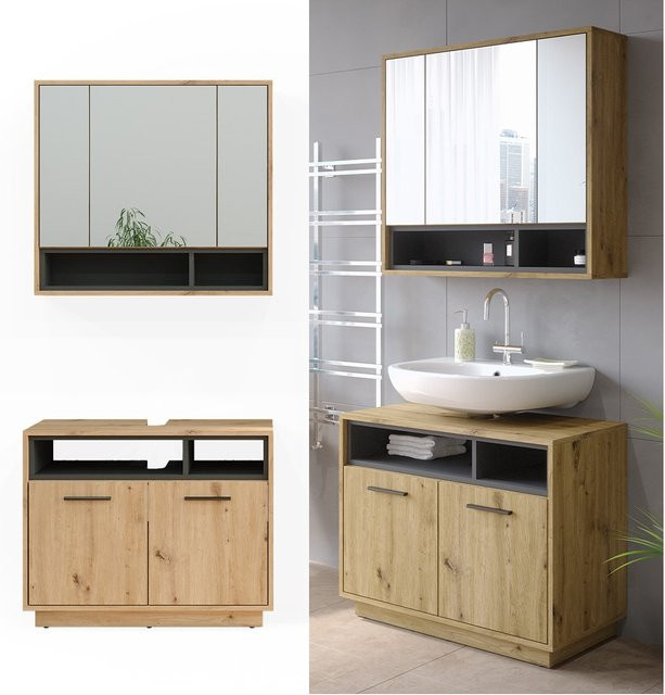 Vicco Badmöbel-Set Beatrice in Eiche und Anthrazit, modernes Badezimmer-Set bestehend aus Spiegelschrank und Waschtischunterschrank - Bild 1