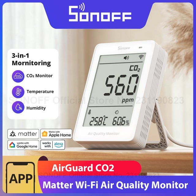 SONOFF AirGuard CO2 Matter Luftqualitätsmonitor SAWF-08P in Weiß mit Temperatur- und Feuchtigkeitsmesser sowie Ton- und Lichtalarm via WiFi - Bild 1