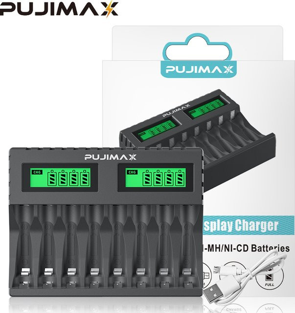 PUJIMAX 8-Slot-Akkuladegerät für AAA und AA Akkus mit LED-Anzeige und Kurzschlussschutz, USB-A Anschluss - Bild 1
