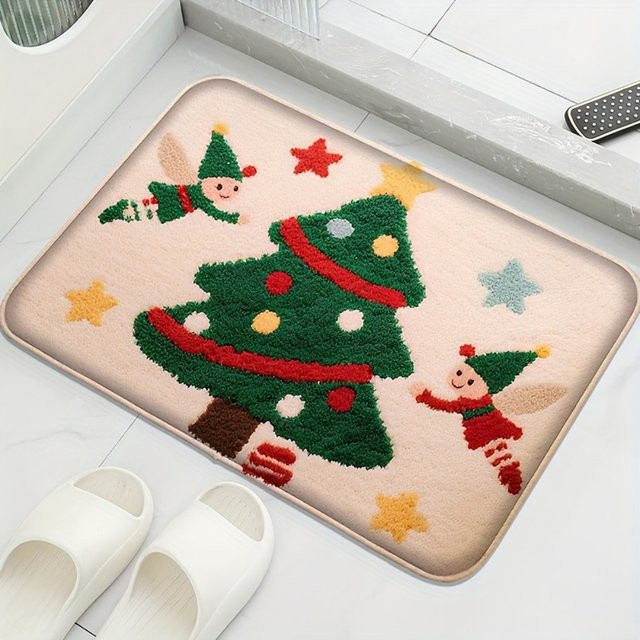 VIKAMA Weihnachtliche Cartoon-Plüsch-Bodenmatte aus Polyester, weich und saugfähig, dekorativer Teppich in Mehrfarbig für Zuhause - Bild 1