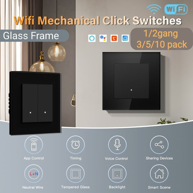 BSEED WLAN Smart-Schalter mit schwarzem Glasrahmen und gelber Hintergrundbeleuchtung, Tuya App Steuerung, EU-Standard, Neutralleiter erforderlich - Bild 1