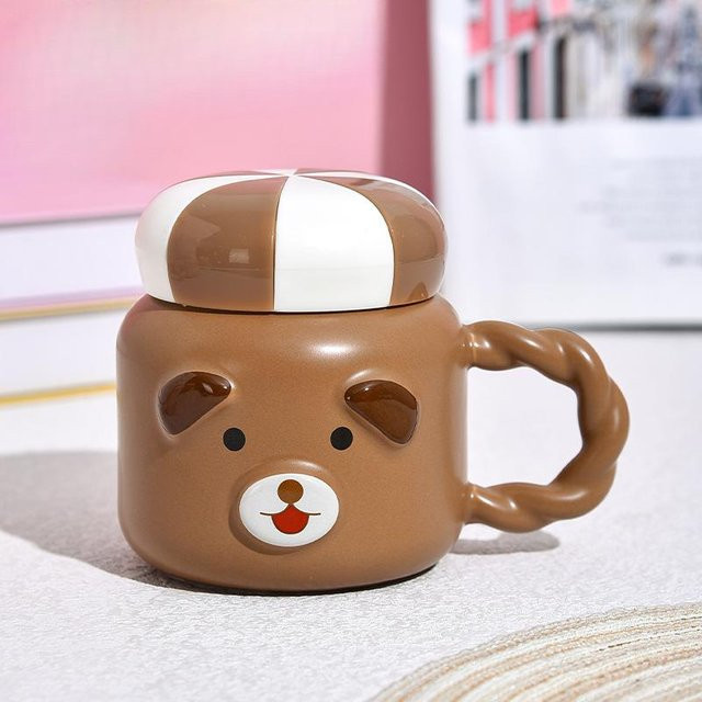 Niedliche Shiba Inu Keramiktasse mit Henkel und gedrehtem Deckel, braun, 400 ml - Bild 1