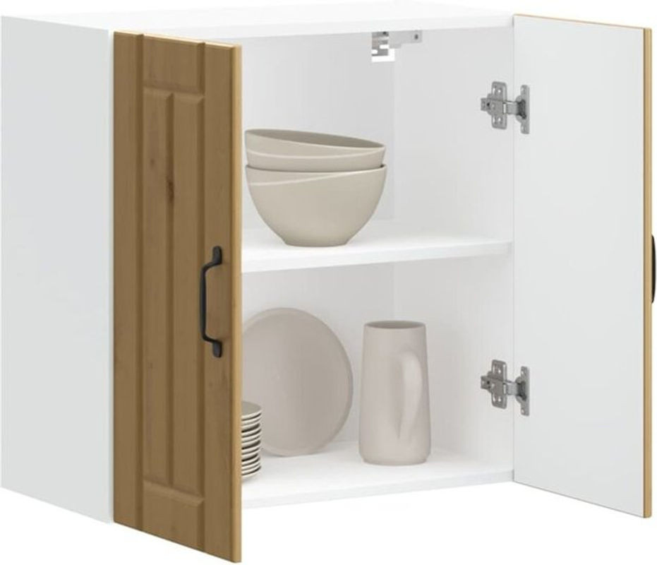 Küchen-Hängeschrank Lucca von Vidaxl aus Holzwerkstoff und Glas in Eiche Natur, Beige und Weiß mit Drehtüren - Bild 1