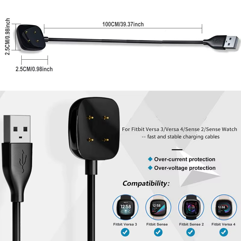 Ersatz-Ladekabel für Fitbit Versa 4, Versa 3 und Sense 2 mit magnetischem USB-Dock-Ständer in Schwarz - Bild 3
