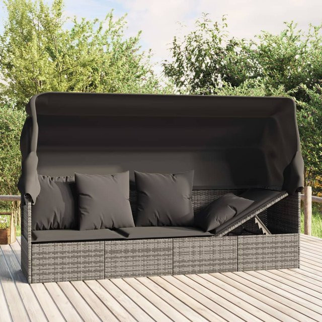 vidaXL Outdoor-Loungebett aus Polyrattan mit Sonnendach und Kissen in Grau - Bild 3