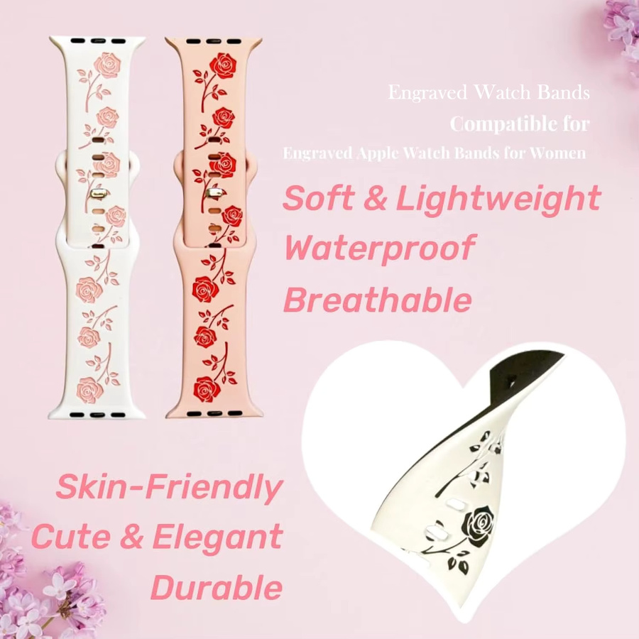 Uhrenarmband Silikon, Bicolor, Blumen graviert, Damen, kompatibel mit Apple Watch - Bild 2