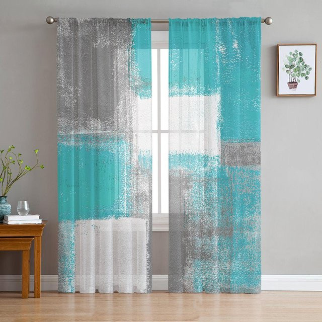 Transparente Tüll-Voile-Vorhänge mit abstraktem geometrischem Ölgemälde-Design in Aqua Blau, Breite: 135 cm, Höhe: 115 cm - Bild 1