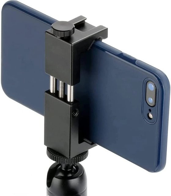 Lousxy Universelle Aluminium-Telefonstativhalterung mit Kaltschuhhalterung in Schwarz für vertikale und horizontale Nutzung inklusive verstellbarer Klemme - Bild 1