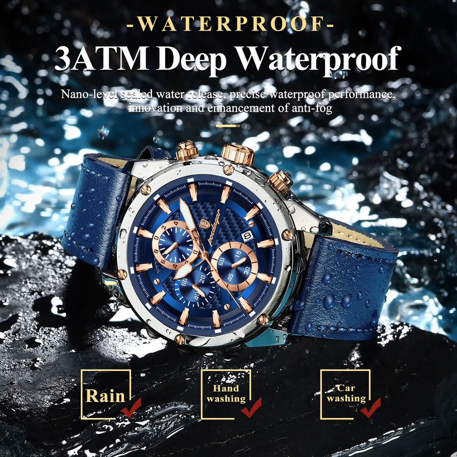 POEDAGAR Armbanduhr Chronograph, Quarz, Leder, Herren, Blau - Bild 3