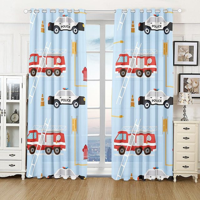 2er-Set Yiran Furniture Cartoon-Auto Vorhänge für Kinder in Blau, halbtransparent mit englischen Buchstaben und Ösen, B: 100 cm, H: 130 cm - Bild 1