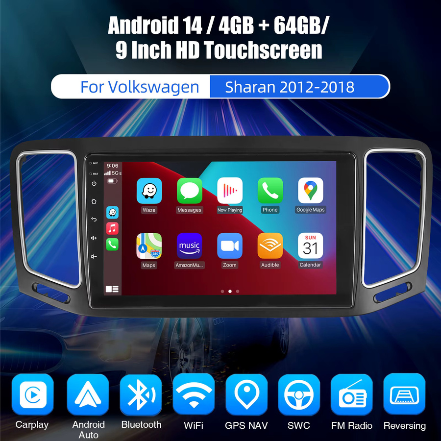 ESSGOO Android 14 Autoradio mit 9 Zoll Touchscreen für VW Sharan II 7N und Seat Alhambra 2 (2010-2021), 4+64G, Schwarz, Wireless Apple Carplay, Android Auto, GPS, Wifi, Bluetooth, USB, Mirror Link - Bild 2