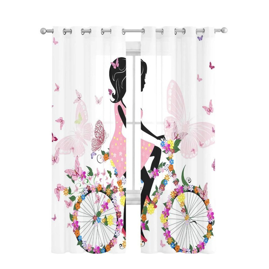 Yiran Furniture Zartes Tüll-Fensterdekoration mit Schmetterling, Mädchen und Blumen in Rosa und Weiß, Breite: 135 cm, Höhe: 115 cm - Bild 1
