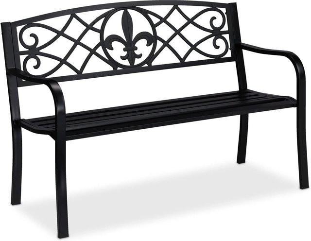 Relaxdays Gartenbank aus Stahl und Gusseisen in Schwarz, Fleur de Lis Design, B/T/H: 127 x 86 x 60 cm - Bild 1