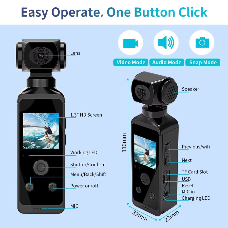 DIXSG Mini Action Camcorder mit 4K 1080P HD-Auflösung, 1,3 Zoll LCD-Bildschirm, 270 Grad drehbarem Display und WLAN, Schwarz, inklusive wasserdichtem Gehäuse - Bild 4