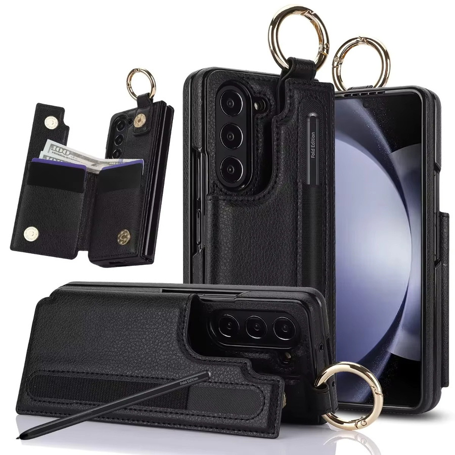 Samsung Flip-Handyhülle aus PU-Leder für Galaxy Z Fold 7, 6, 5, 4, 3 5G mit Kartensteckplatz und Ring-Stifthalter in Schwarz - Bild 2