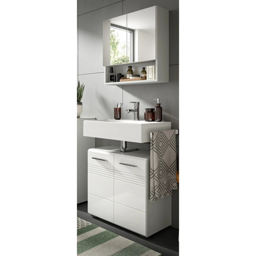 Inn.Furn Badmöbel-Set Carlo in Weiß und Grau Hochglanz, 2-teilig mit Waschtischunterschrank und Spiegelschrank, Wandmontage - Bild 2