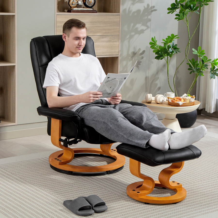 HOMCOM Relaxsessel mit Hocker, 360 Grad drehbarer Fernsehsessel mit Liegefunktion aus Kunstleder in Schwarz - Bild 2