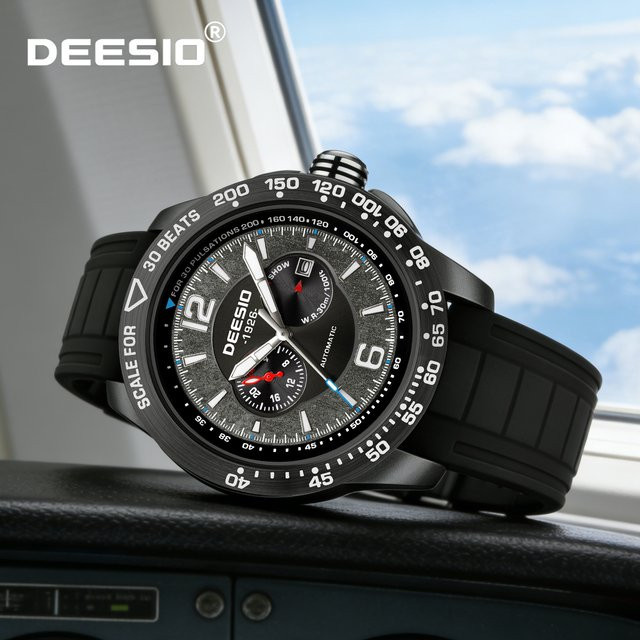 Deesio Armbanduhr Herren, Automatik, Kohlefaser, Silikon, Schwarz - Bild 1