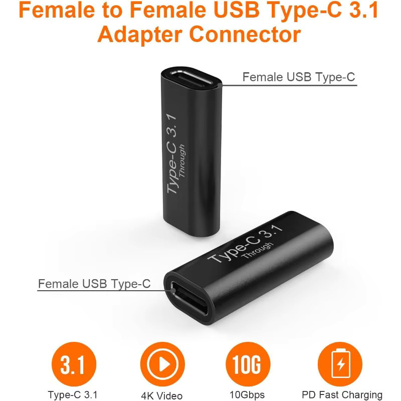 2er-Set USB-C auf USB-C Buchse Adapter aus Aluminium in Schwarz mit 4K-Videounterstützung, Fast Charging und 10 Gbit/s Datenübertragung - Bild 2
