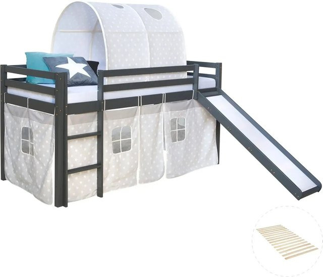 Homestyle4u Kinderhochbett aus Kiefernholz mit Rutsche und Lattenrost in Grau, B/T/H: 90 x 200 x 160 cm - Bild 1