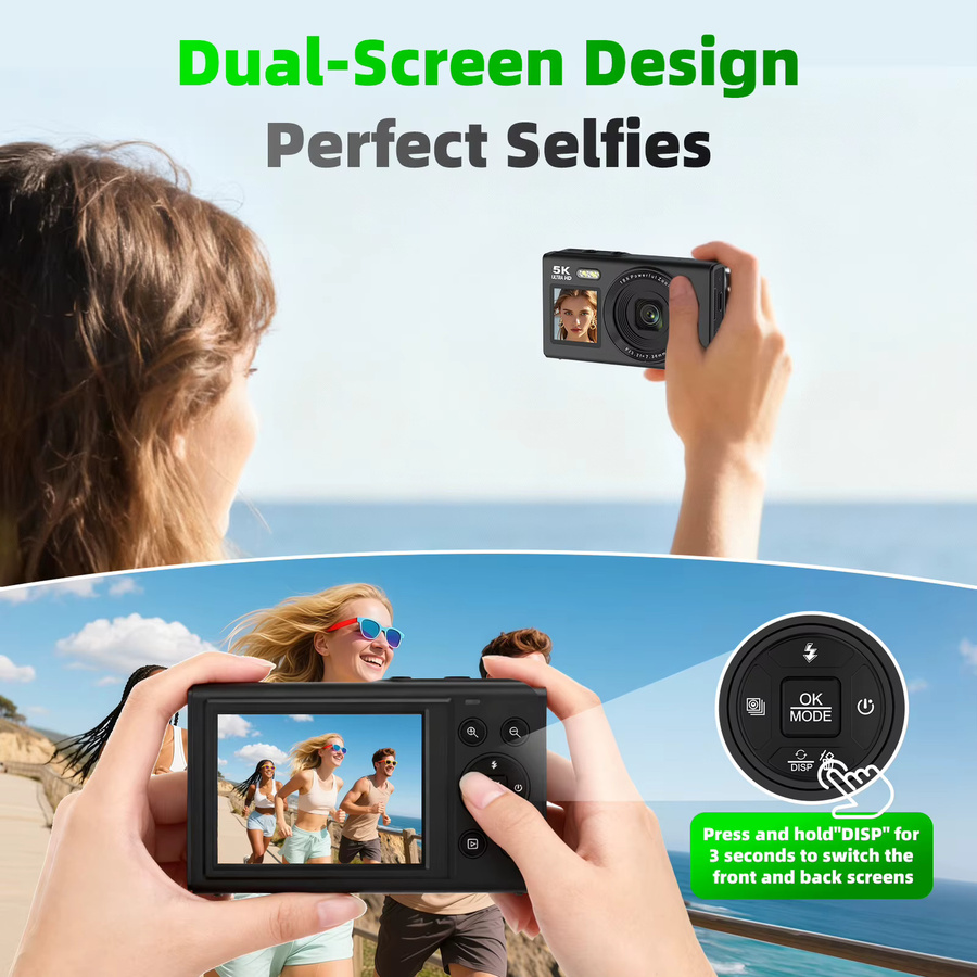 Ourlife Digitalkamera 5K 80MP mit 18X Digitalzoom und Dual-Bildschirm, Kompaktkamera mit WIFI in Schwarz - Bild 3