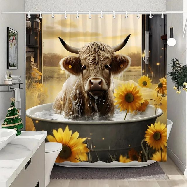 Rustikaler Duschvorhang mit Bauernhoftieren und Hochlandrindern im Vintage-Stil, Mehrfarbig, B/H: 90 x 180 cm - Bild 1