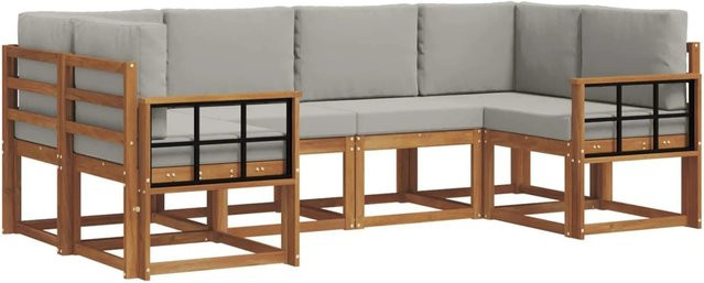 vidaXL Outdoor-Sofagarnitur 6-teilig aus Akazienholz in Natur und Hellgrau mit Kissen und Armlehnen - Bild 1