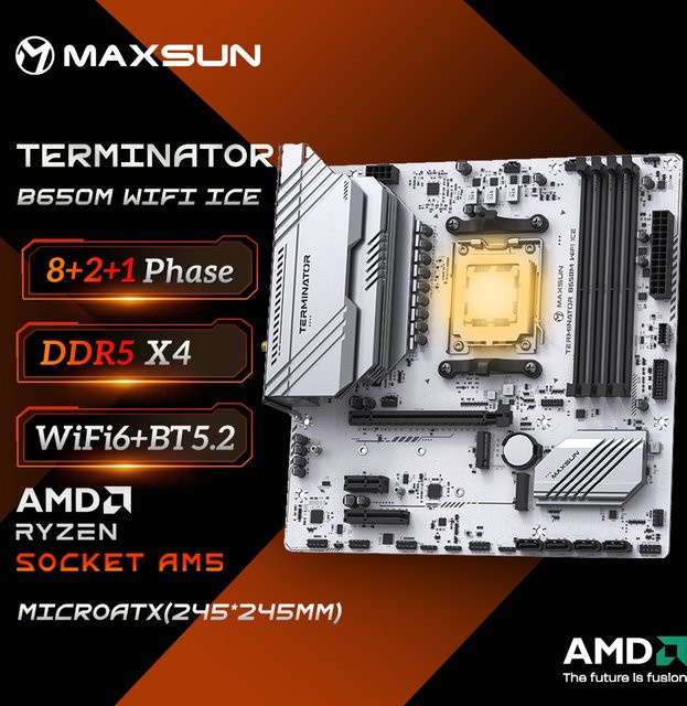 MAXSUN Terminator B650M WIFI ICE Motherboard Sockel AM5 Micro-ATX in Weiß mit DDR5 Unterstützung und Wi-Fi für AMD Ryzen 7000 und 8000 Serie - Bild 1