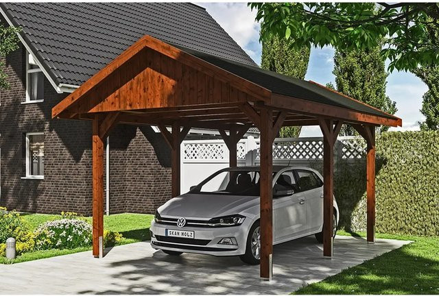 Satteldach-Carport Wallgau von SKANHOLZ in Nussbaum mit schwarzen Schindeln, B/T: 380 x 500 cm, Höhe: 313 cm - Bild 1