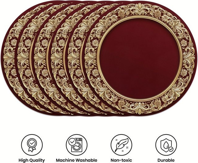 VIKAMA 6-teiliges Tischset mit floralem Muster in Gold, rund, Durchmesser: 38 cm - Bild 1