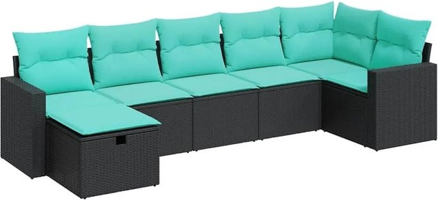 vidaXL 7-teilige Garten-Sofagarnitur in L-Form aus schwarzem Poly-Rattan mit wetterfesten Kissen und pulverbeschichtetem Stahlgestell - Bild 1