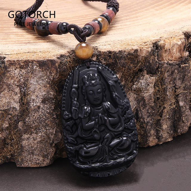 GQTorch Halskette, Obsidian, Schwarz, Buddha, Unisex - Bild 1