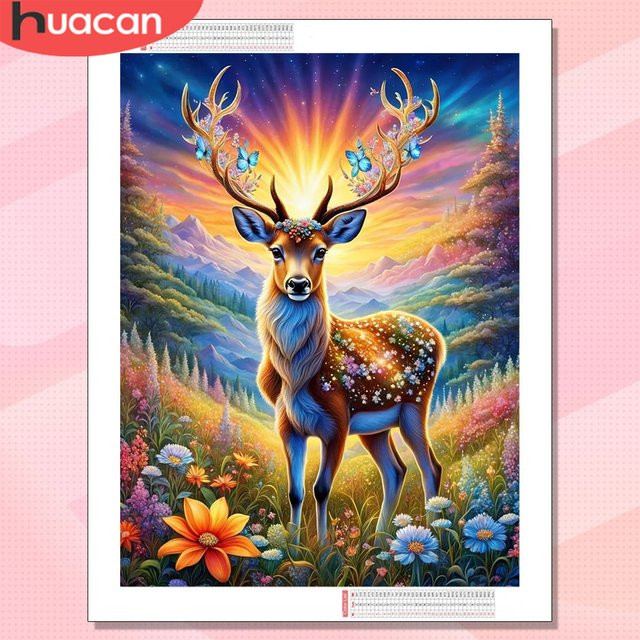 HUACAN Diamantkunst Set Hirsch im Sonnenuntergang mit quadratischen Harz-Steinen, Wanddekoration Multicolor, Breite: 30,0 cm, Höhe: 20,0 cm - Bild 1