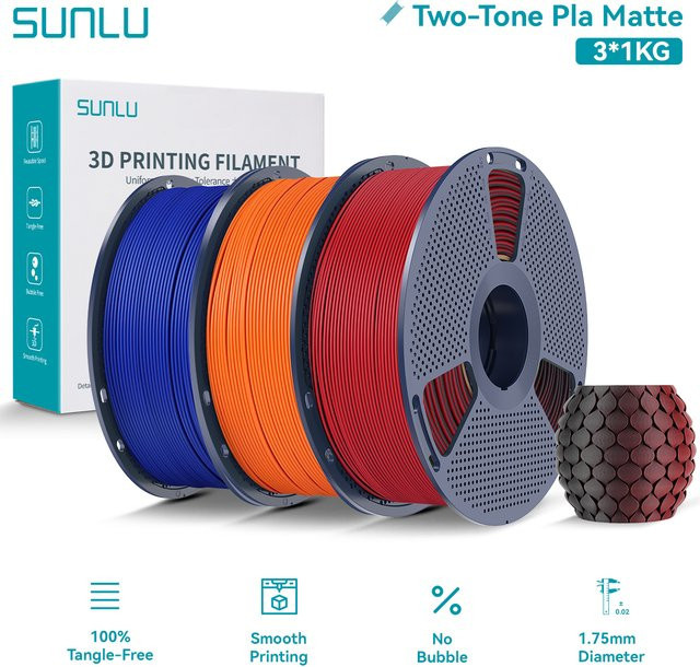 SUNLU PLA Matte Dual 3D-Filament, zweifarbig in Orange und Rot, 1,75 mm für FDM-Drucker - Bild 1
