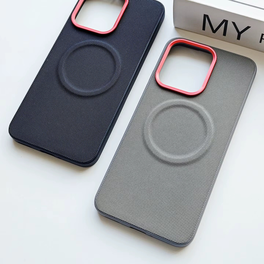 Luxuriöse Business-Stoffhülle mit Diamantstruktur für OPPO Reno 15 Pro Max und 14 Pro in Grau mit Legierungslinsenrahmen und magnetischer Ladeabdeckung - Bild 3