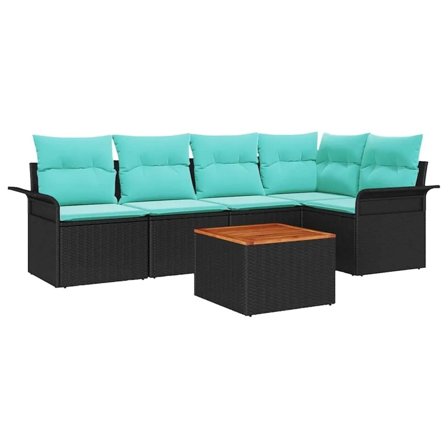 vidaXL Gartensofa-Set aus Poly-Rattan in Schwarz und Türkis, 6-teilige L-Shape Lounge-Garnitur mit Polsterkissen und Couchtisch für Garten und Terrasse - Bild 2