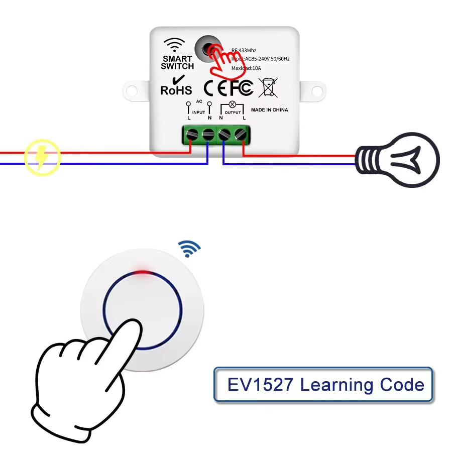 QNCX Kabelloser Lichtschalter 433 MHz mit Fernbedienung, 10 A Relaisbrecher für LED-Lampen, Weiß - Bild 3