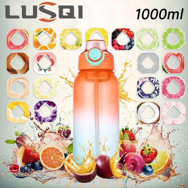 Lusqi Aromatisierte Wasserflasche mit Geschmacksring, gefrostet, 1000ml, Multicolor - Bild 1