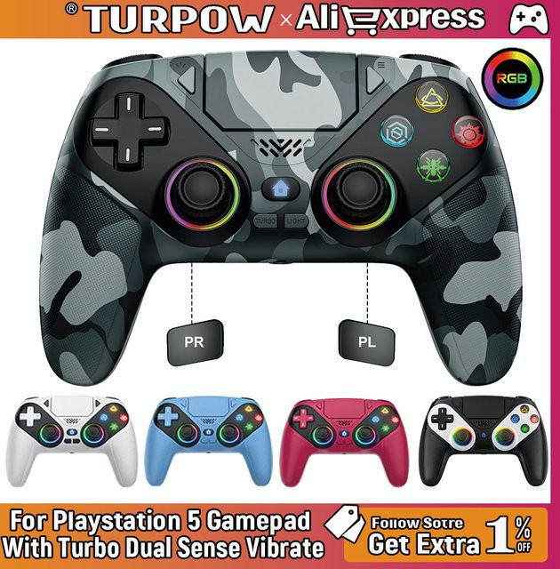 Turpow Wireless Gaming Controller für PlayStation 5 mit RGB-Beleuchtung, Bluetooth und Turbo-Funktion, Farbe: Rot/Mehrfarbig - Bild 1
