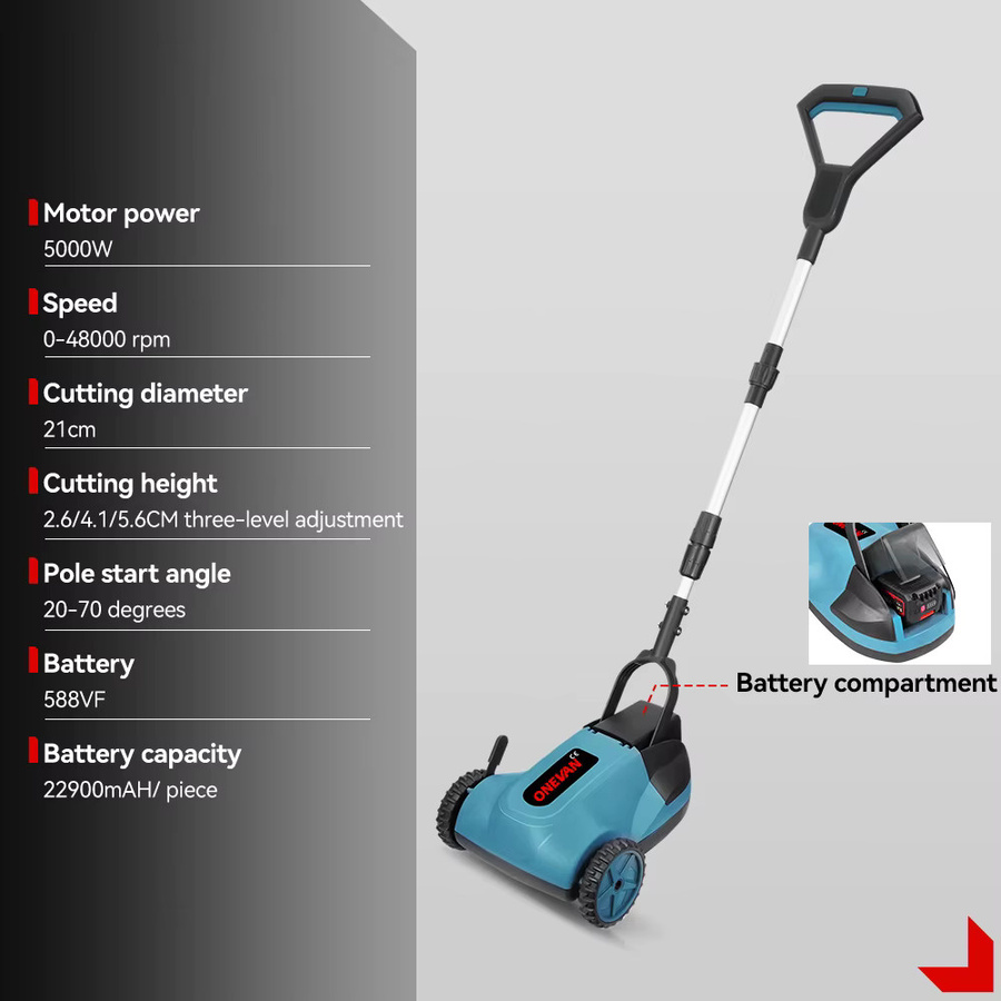 ONEVAN Bürstenloser elektrischer Rasenmäher und kabelloser Rasentrimmer in Blau, kompatibel mit Makita LXT 18V Akku, mit 3-facher Höhenverstellung - Bild 2