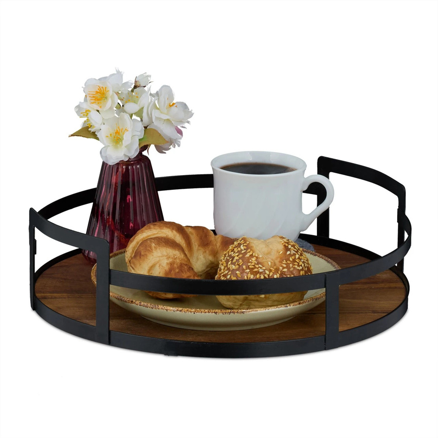 Relaxdays Tablett aus Akazienholz und Eisen in Braun und Schwarz mit hohem Rand und Griffen, Durchmesser: 30,5 cm, Höhe: 8,5 cm - Bild 2