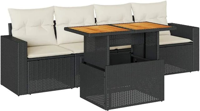 vidaXL 5-teilige Garten-Sofagarnitur in L-Form aus Poly-Rattan und Akazienholz in Schwarz-Creme mit Kissen und Stauraum - Bild 1