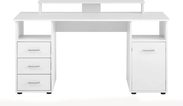 PROREGAL Schreibtisch Fox Large Weiß mit 3 Schubladen, 2 offenen Fächern, 1 Fach mit Flügeltür und Monitorständer, H x B x T: 86 x 150 x 70 cm - Bild 1