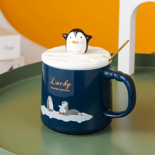 Niedliche Pinguin Keramiktasse mit Deckel und Löffel in Weiß und Blau, 350 ml - Bild 1