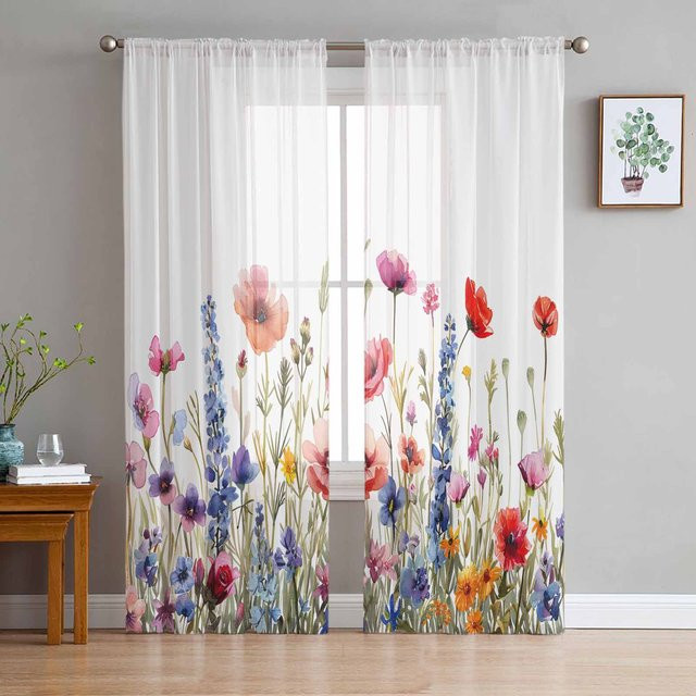 Transparente Tüll-Vorhänge mit floralem Aquarell-Blumenmuster in Weiß, Breite: 135 cm, Höhe: 115 cm - Bild 1