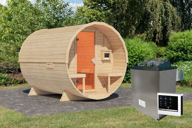 Karibu Fasssauna 2 aus nordischer Fichte und Espe in Braun mit 9.0 kW Ofen und Steuergerät B/T/H: 225 x 295 x 229 cm - Bild 1