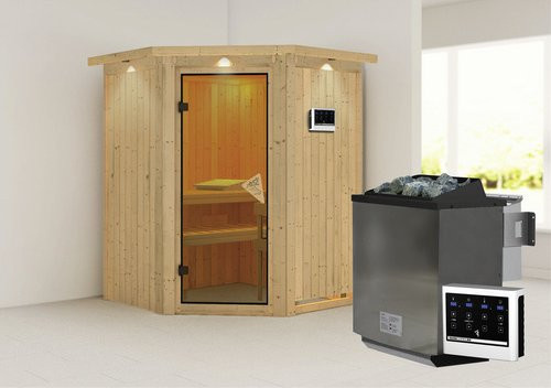 Karibu Tartu Bio-Kombi-Sauna aus Fichtenholz mit 9 kW Saunaofen und externer Steuerung für 3 Personen, beige, B: 202,0 cm, T: 165,0 cm, H: 165,0 cm - Bild 1