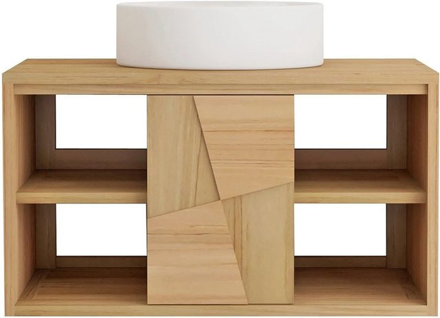 Vente-unique Einzelwaschtisch Sumbawa aus Teakholz und Keramik in Beige/Weiß, B: 80 cm - Bild 1